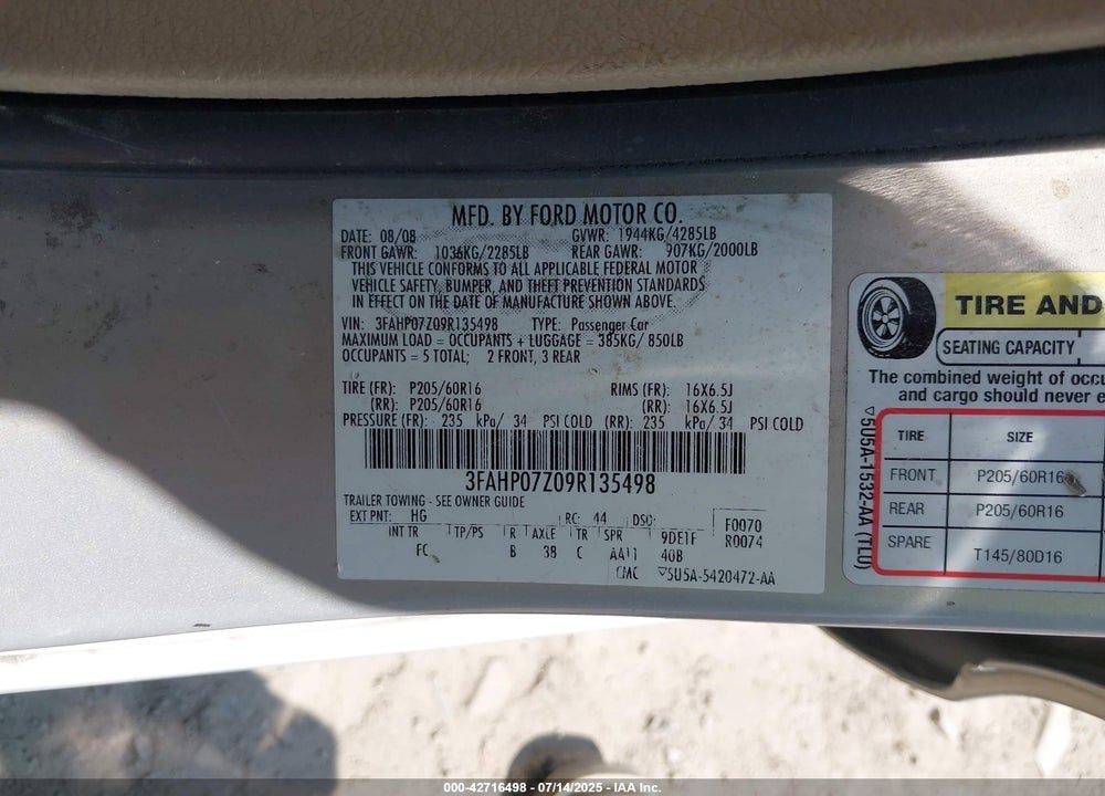 2009 FORD FUSION VIN: 3FAHP07Z09R135498