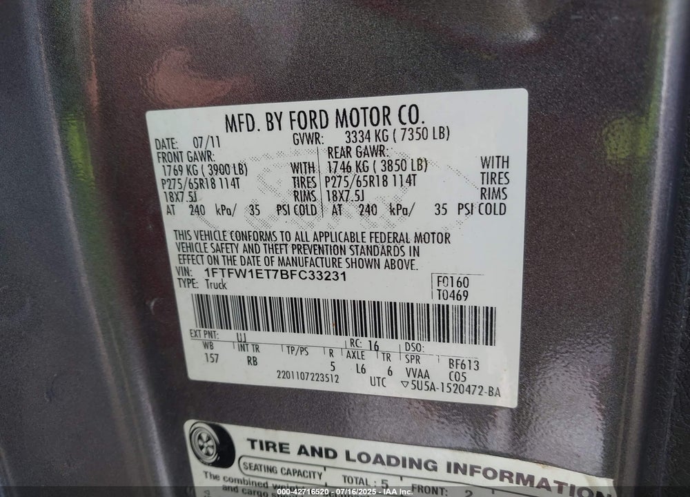 2011 FORD F-150 VIN: 1FTFW1ET7BFC33231