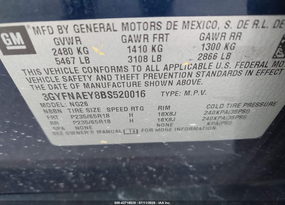2011 CADILLAC SRX VIN: 3GYFNAEY8BS520016