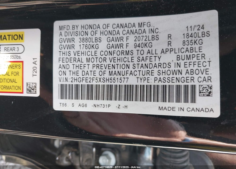 2025 HONDA CIVIC VIN: 2HGFE2F5XSH551577