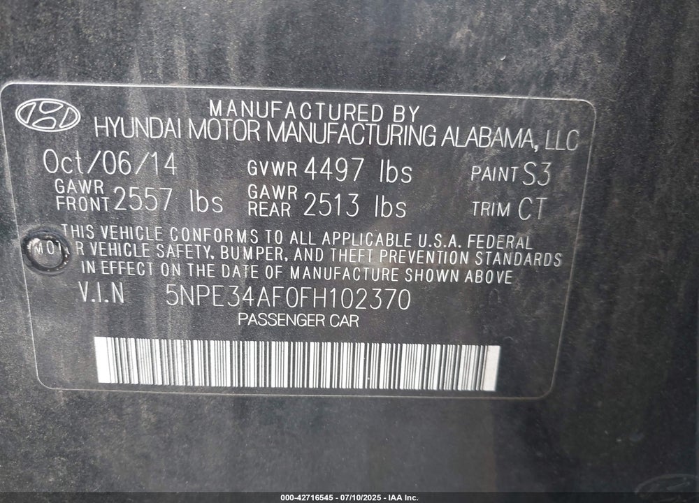 2015 HYUNDAI SONATA VIN: 5NPE34AF0FH102370