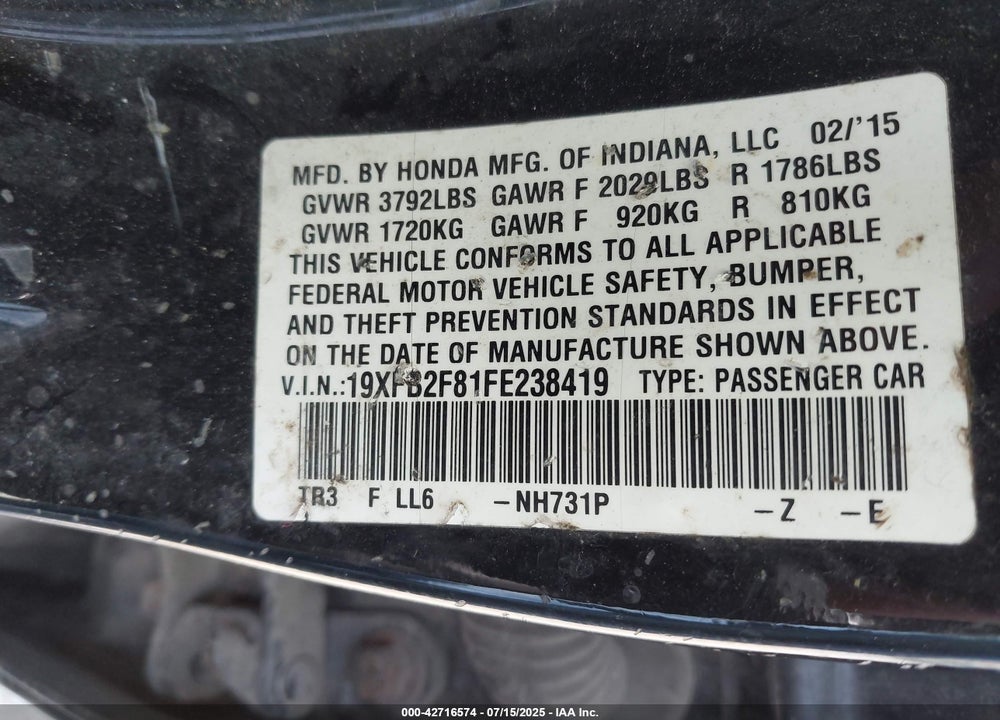 2015 HONDA CIVIC VIN: 19XFB2F81FE238419