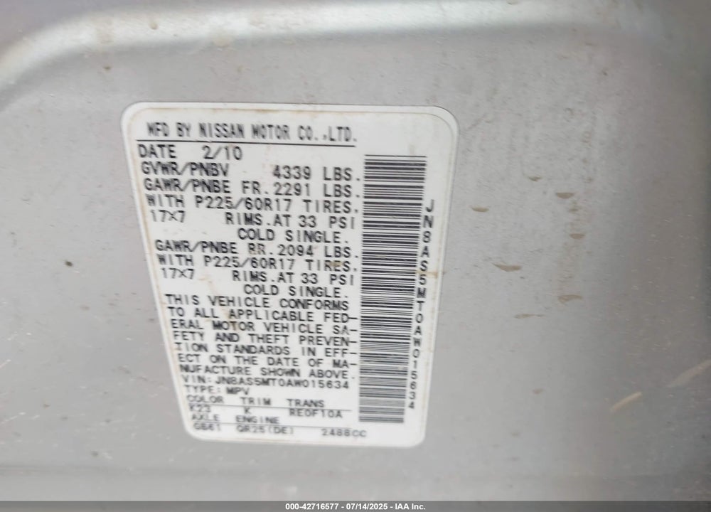 2010 NISSAN ROGUE VIN: JN8AS5MT0AW015634