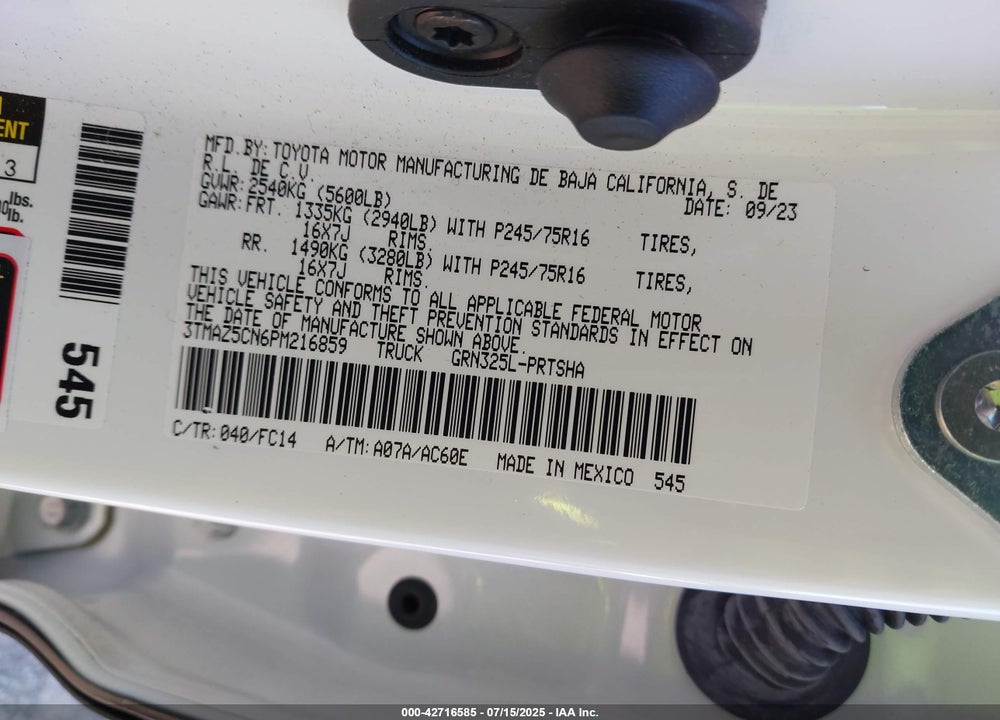 2023 TOYOTA TACOMA VIN: 3TMAZ5CN6PM216859
