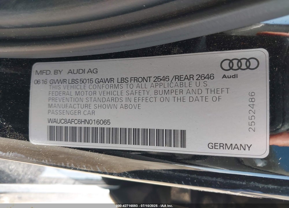 2017 AUDI A6 VIN: WAUC8AFC6HN016065