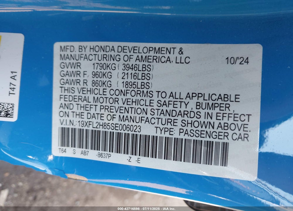 2025 HONDA CIVIC VIN: 19XFL2H85SE006023