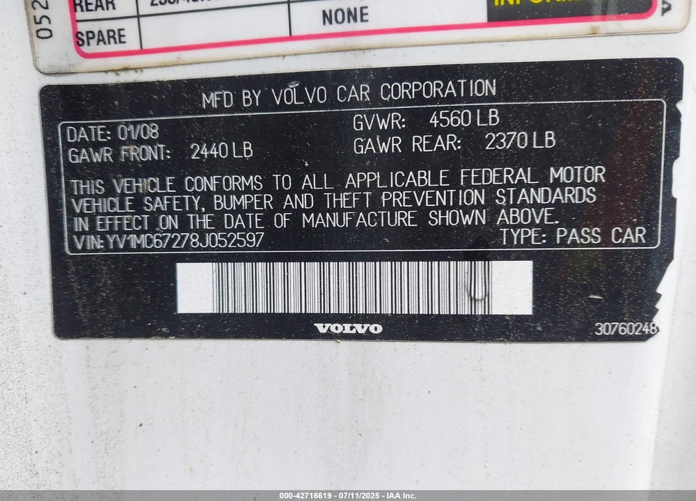 2008 VOLVO C70 VIN: YV1MC67278J052597