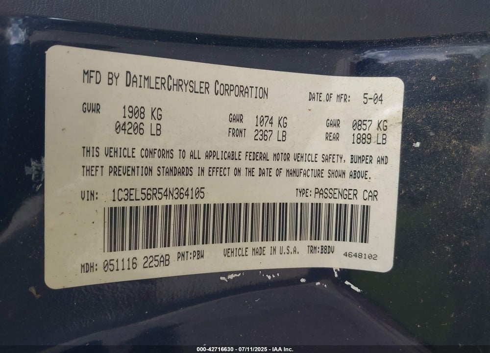 2004 CHRYSLER SEBRING LXI VIN: 1C3EL56R54N364105