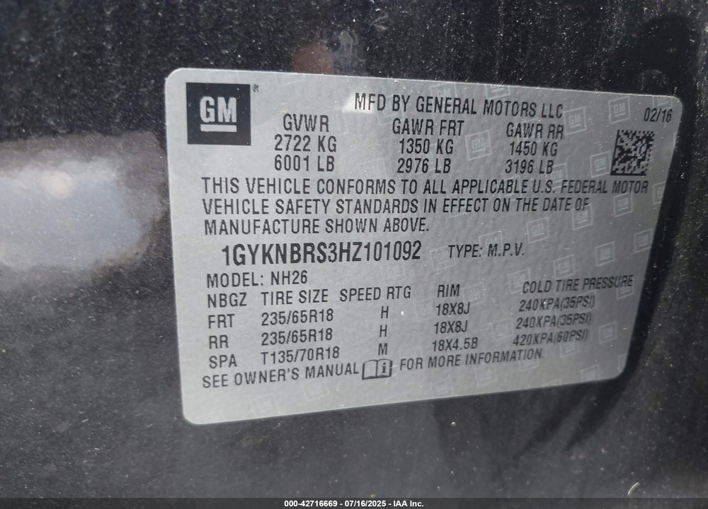 2017 CADILLAC XT5 VIN: 1GYKNBRS3HZ101092