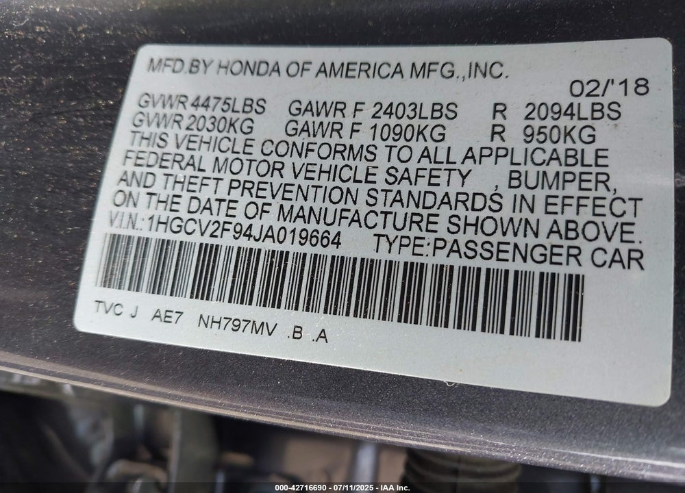 2018 HONDA ACCORD VIN: 1HGCV2F94JA019664