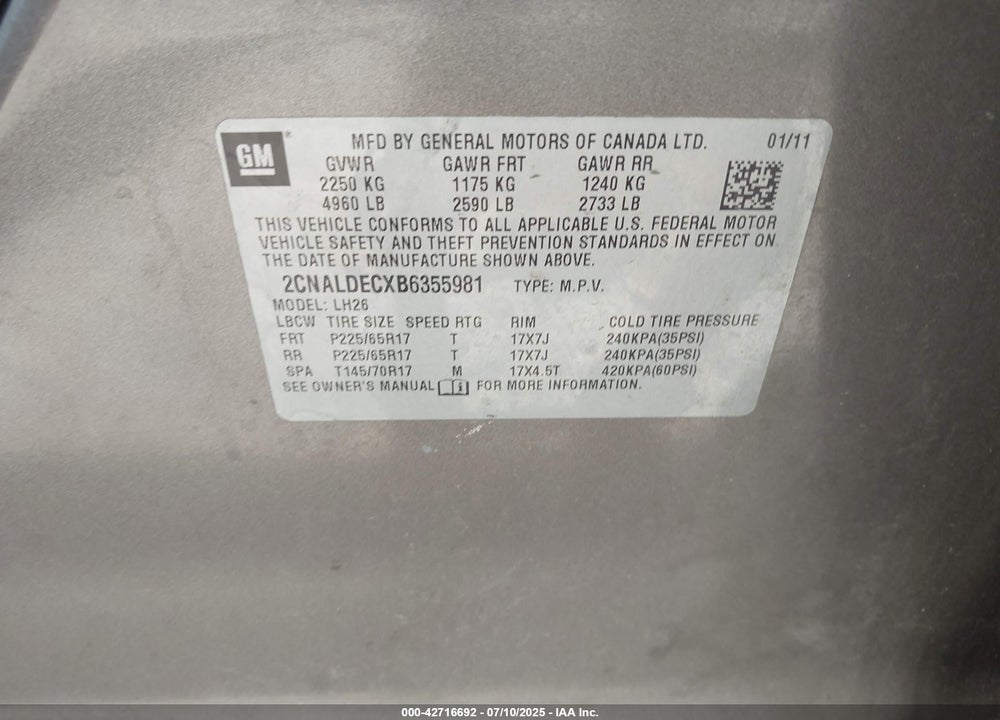 2011 CHEVROLET EQUINOX VIN: 2CNALDECXB6355981