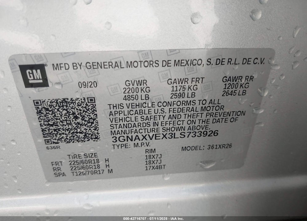 2020 CHEVROLET EQUINOX VIN: 3GNAXVEX3LS733926