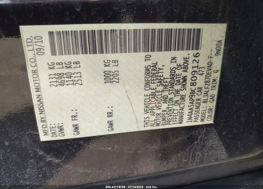 2011 NISSAN MAXIMA VIN: 1N4AA5AP9BC809126