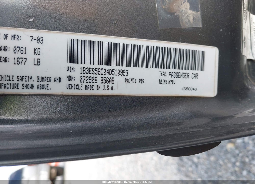 2004 DODGE NEON SXT VIN: 1B3ES56C04D510993