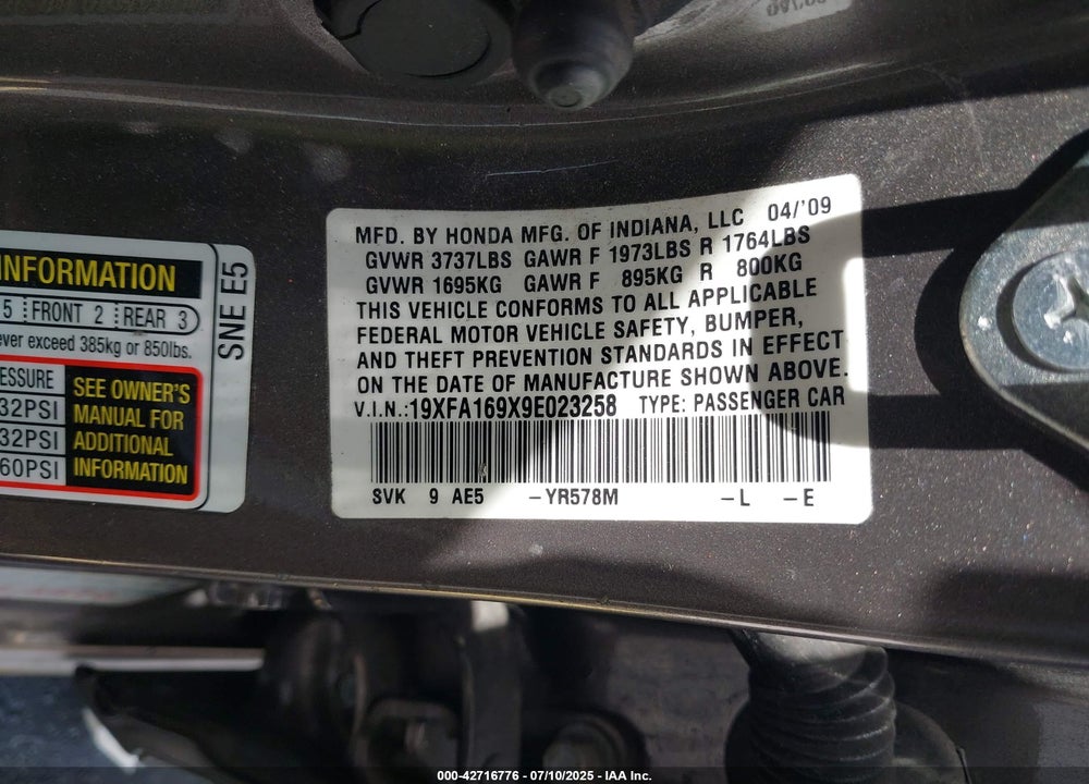 2009 HONDA CIVIC VIN: 19XFA169X9E023258