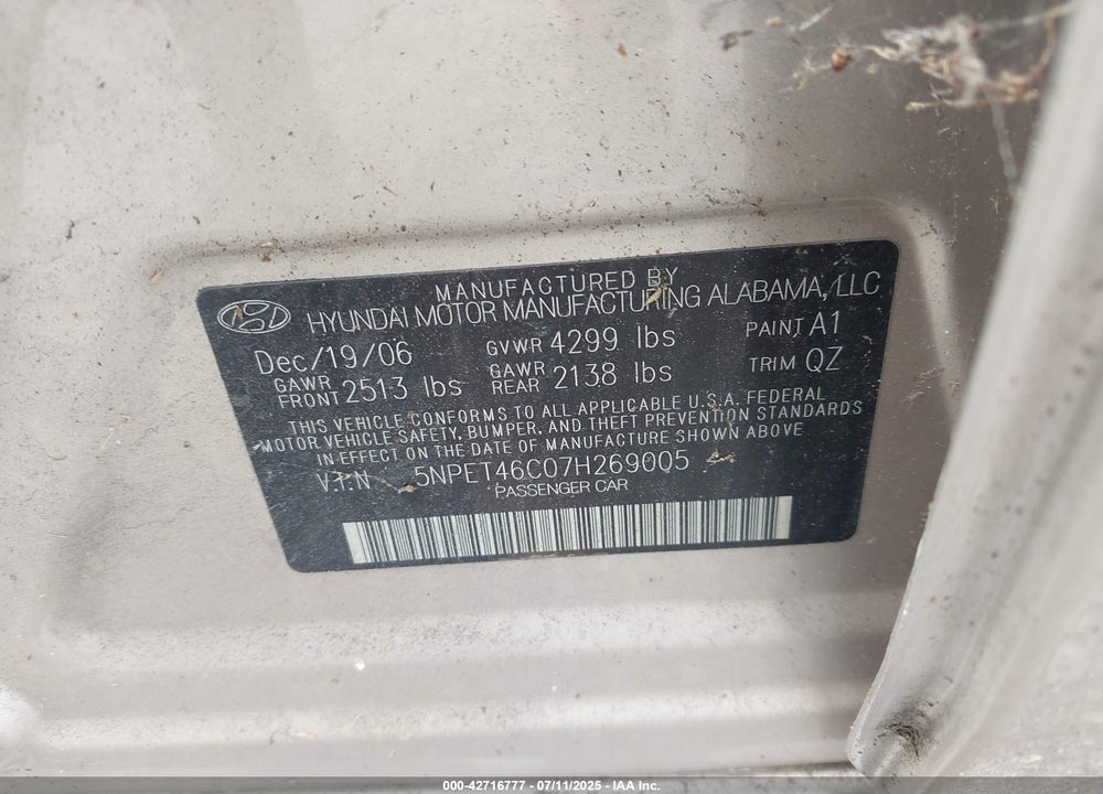 2007 HYUNDAI SONATA VIN: 5NPET46C07H269005