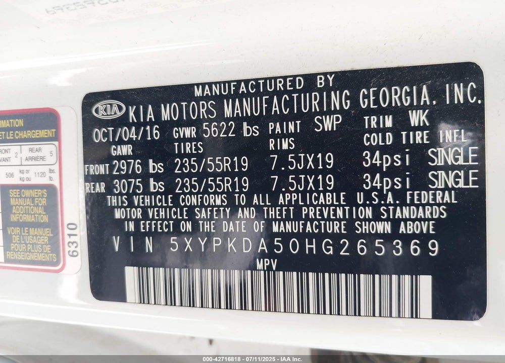 2017 KIA SORENTO 3.3L SX VIN: 5XYPKDA50HG265369
