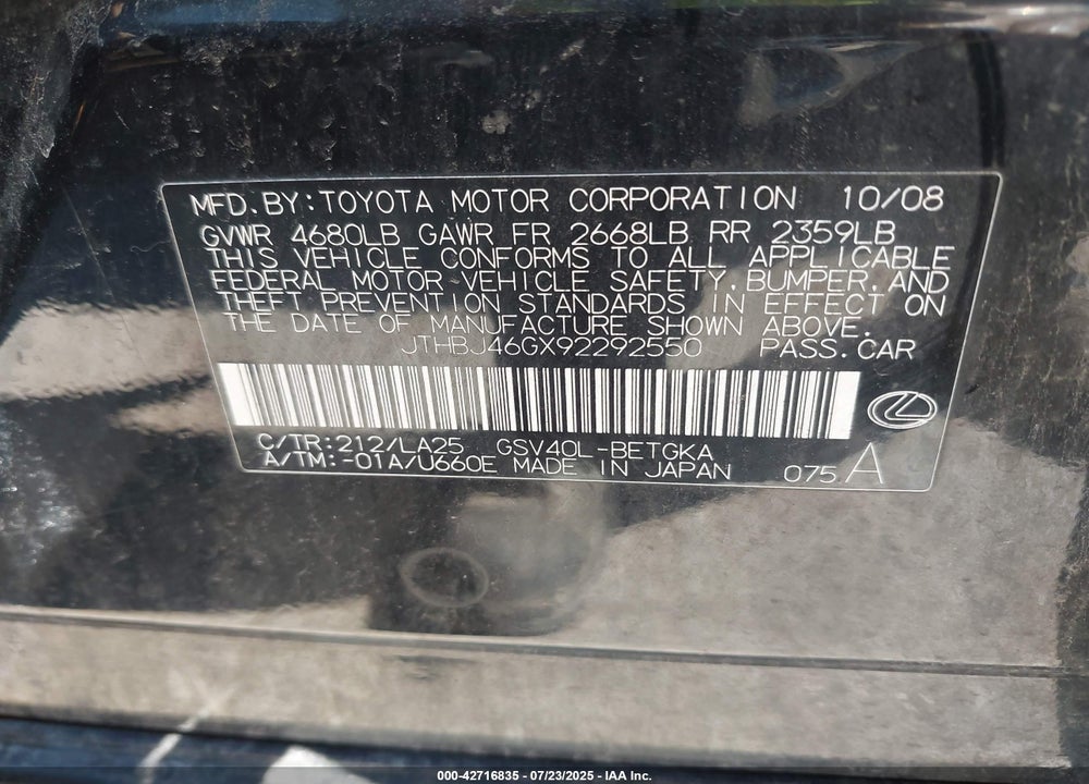 2009 LEXUS ES350 VIN: JTHBJ46GX92292550