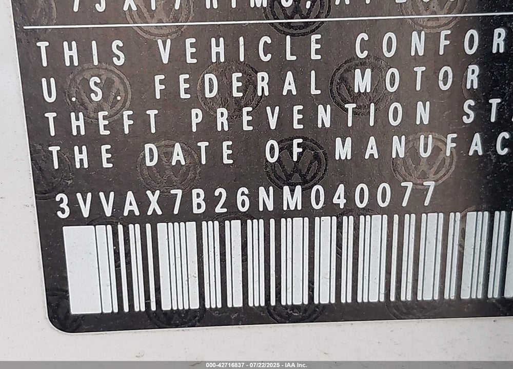 2022 VOLKSWAGEN TAOS VIN: 3VVAX7B26NM040077