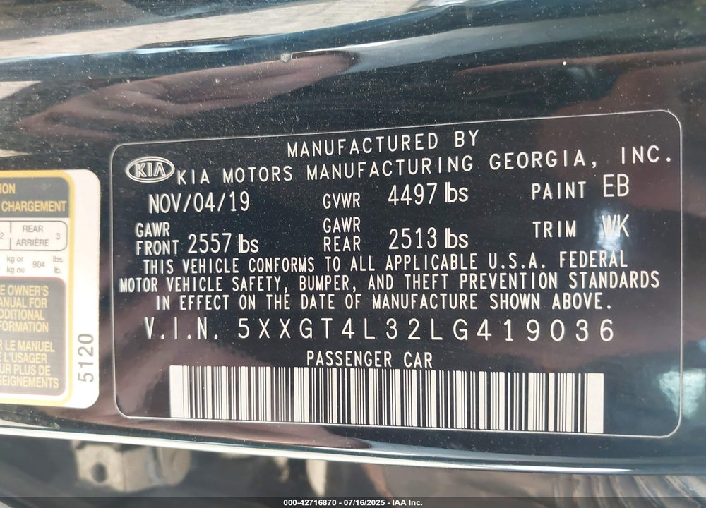 2020 KIA OPTIMA VIN: 5XXGT4L32LG419036