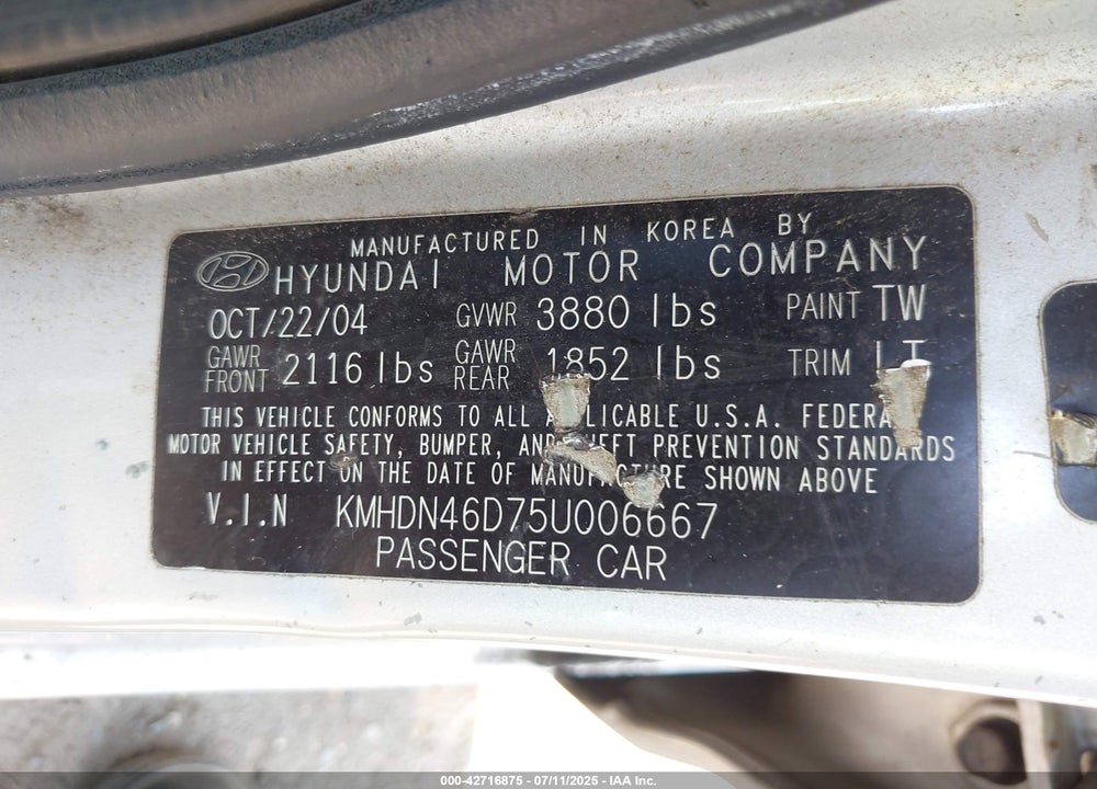 2005 HYUNDAI ELANTRA VIN: KMHDN46D75U006667