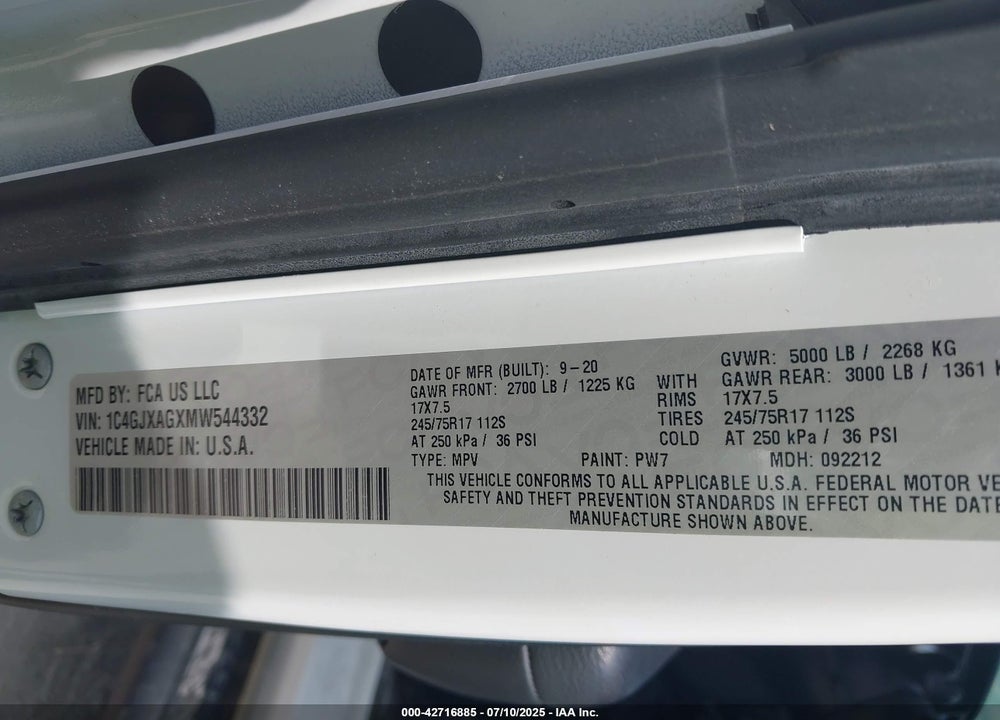 2021 JEEP WRANGLER / VIN: 1C4GJXAGXMW544332
