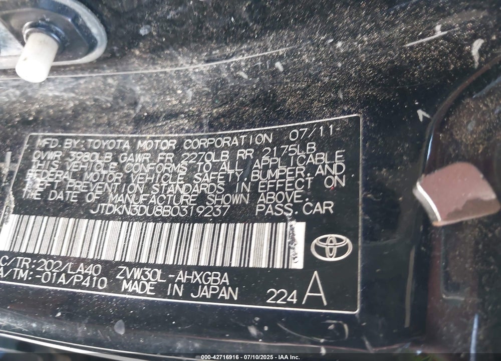2011 TOYOTA PRIUS VIN: JTDKN3DU8B0319237