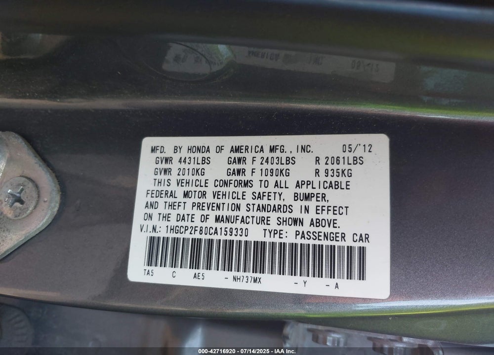 2012 HONDA ACCORD VIN: 1HGCP2F80CA159330