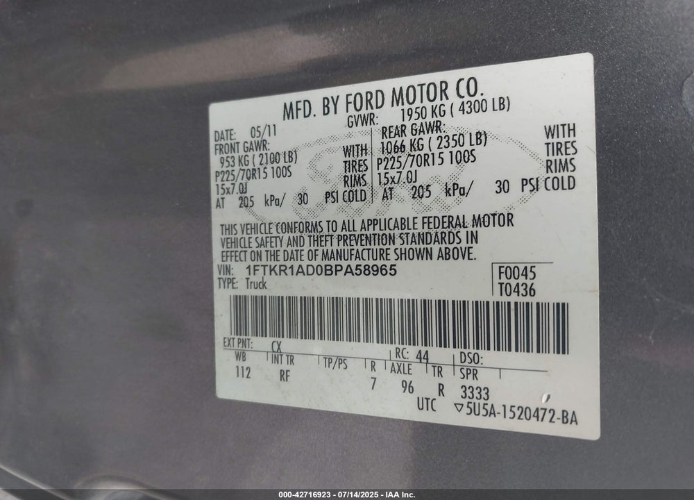 2011 FORD RANGER VIN: 1FTKR1AD0BPA58965