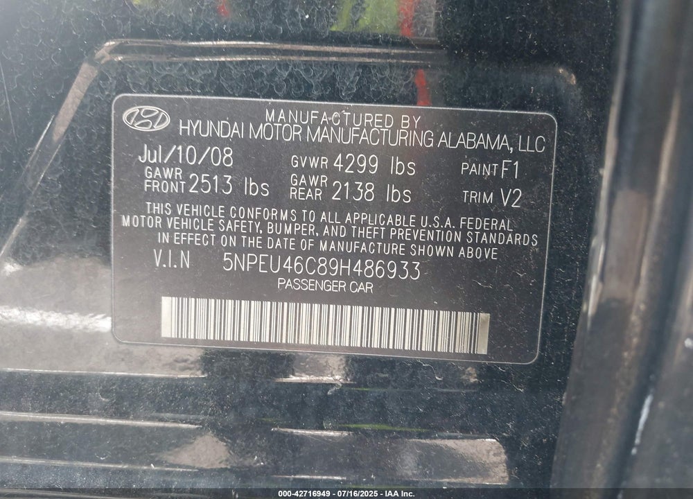 2009 HYUNDAI SONATA VIN: 5NPEU46C89H486933