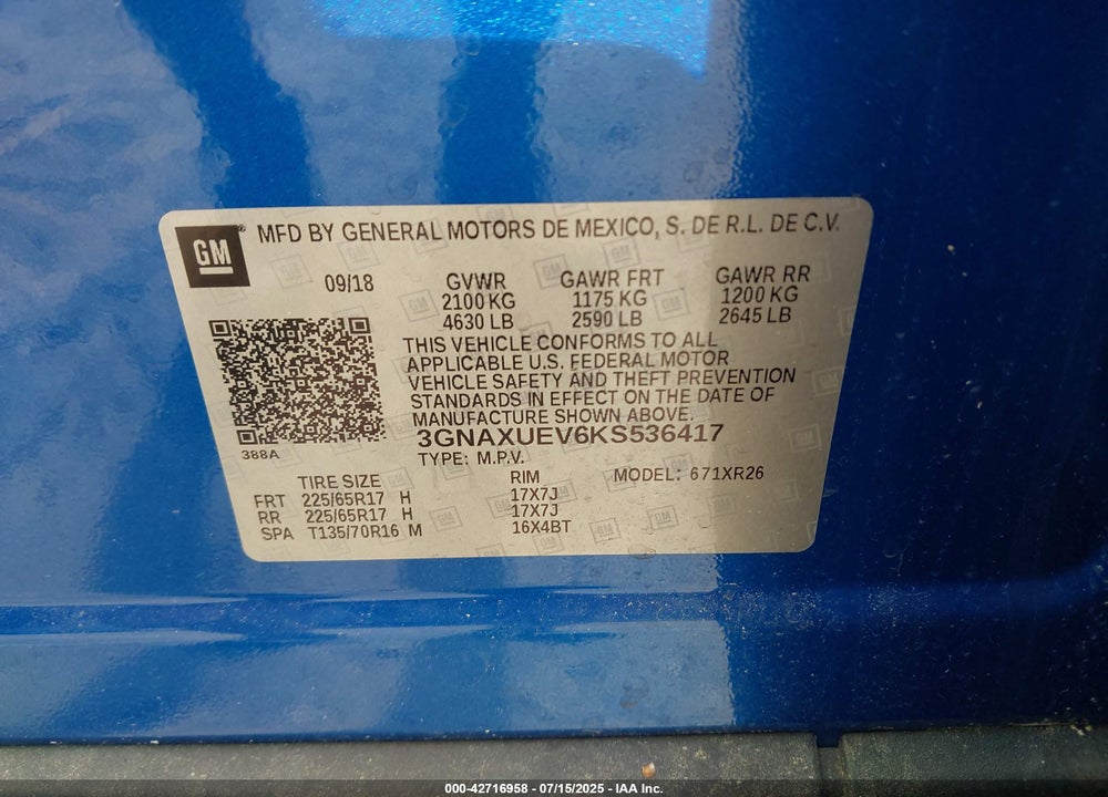 2019 CHEVROLET EQUINOX VIN: 3GNAXUEV6KS536417