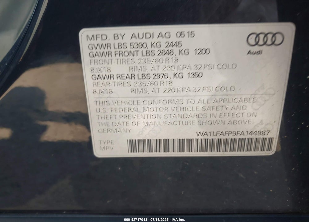 2015 AUDI Q5 VIN: WA1LFAFP9FA144987