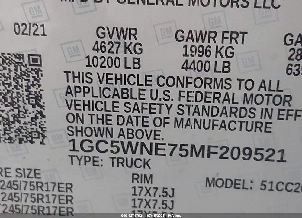 2021 CHEVROLET SILVERADO 2500HD 2WD DOUBLE CAB LONG BED LT VIN: 1GC5WNE75MF209521