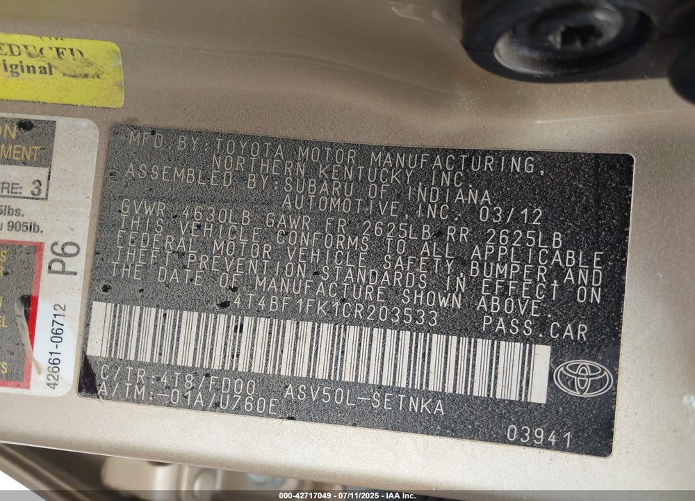 2012 TOYOTA CAMRY LE VIN: 4T4BF1FK1CR203533