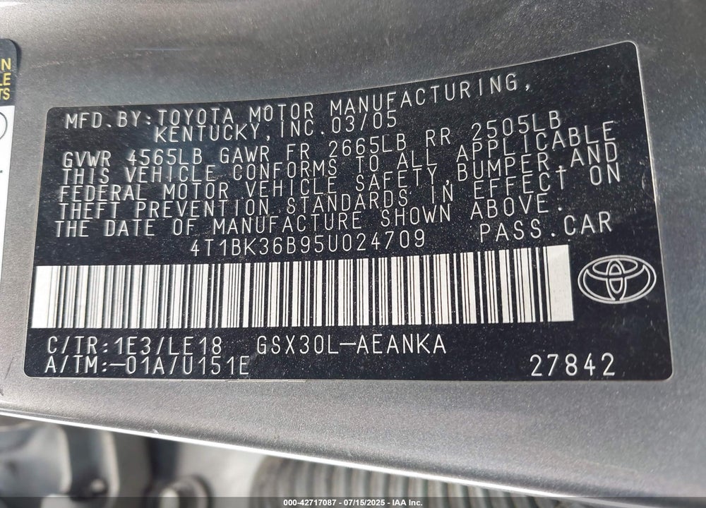 2005 TOYOTA AVALON TOURING VIN: 4T1BK36B95U024709