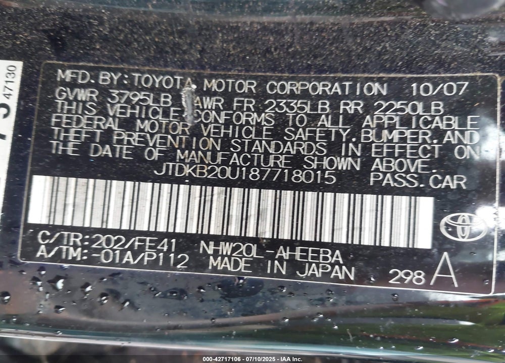 2008 TOYOTA PRIUS VIN: JTDKB20U187718015