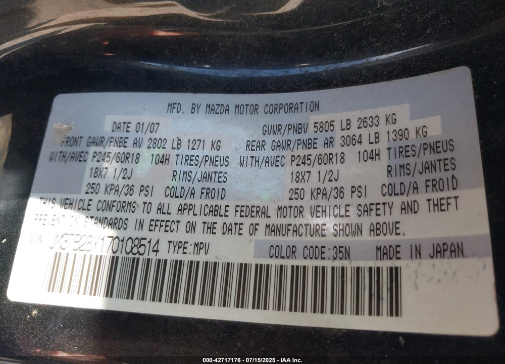 2007 MAZDA CX-9 VIN: JM3TB28Y170108514