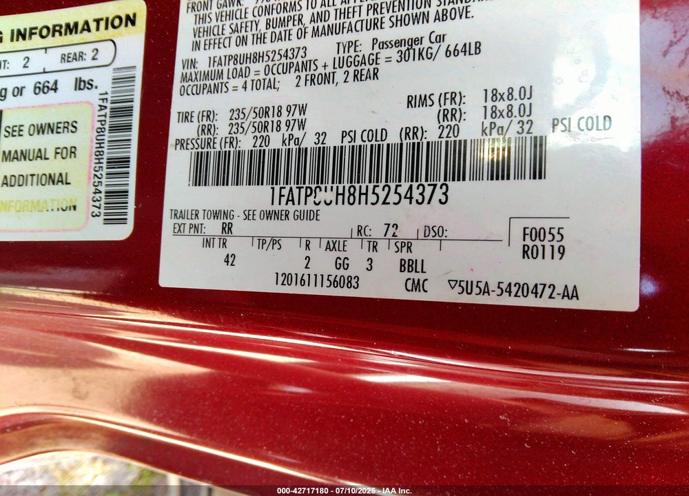 2017 FORD MUSTANG VIN: 1FATP8UH8H5254373