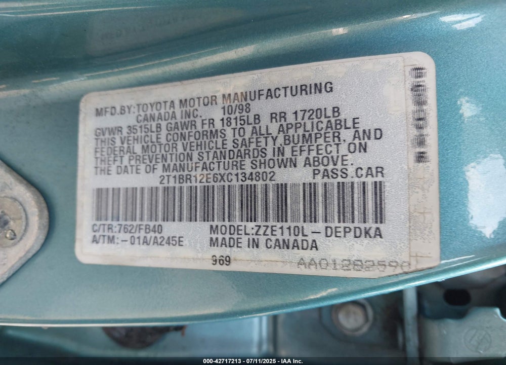 1999 TOYOTA COROLLA CE VIN: 2T1BR12E6XC134802