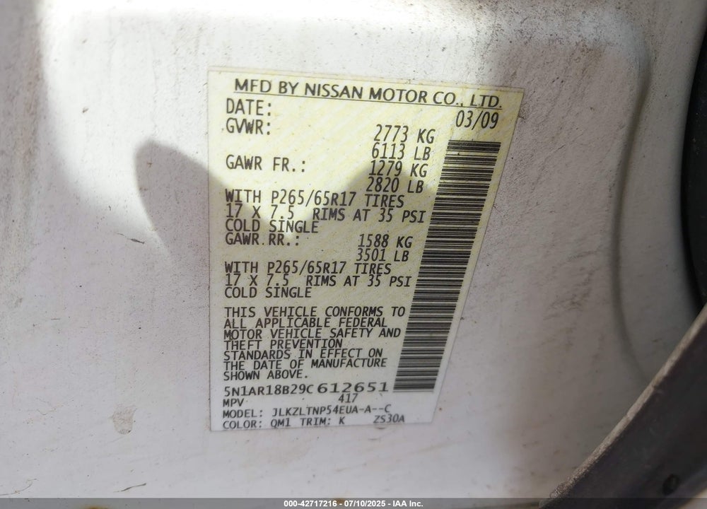 2009 NISSAN PATHFINDER SE VIN: 5N1AR18B29C612651