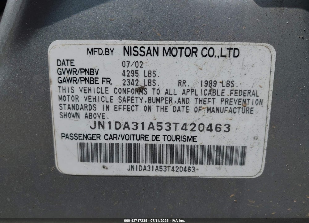 2003 NISSAN MAXIMA SE VIN: JN1DA31A53T420463