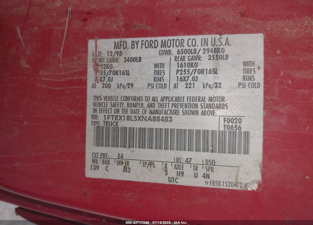 1999 FORD F-150 LARIAT/XL/XLT VIN: 1FTRX18L5XNA88483