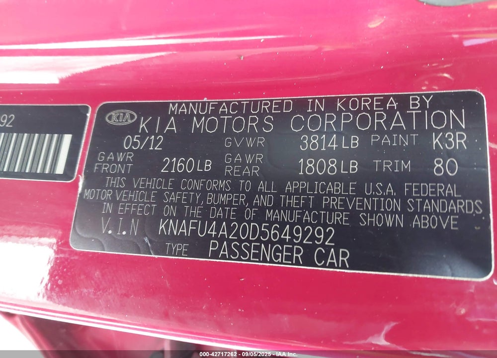 2013 KIA FORTE VIN: KNAFU4A20D5649292
