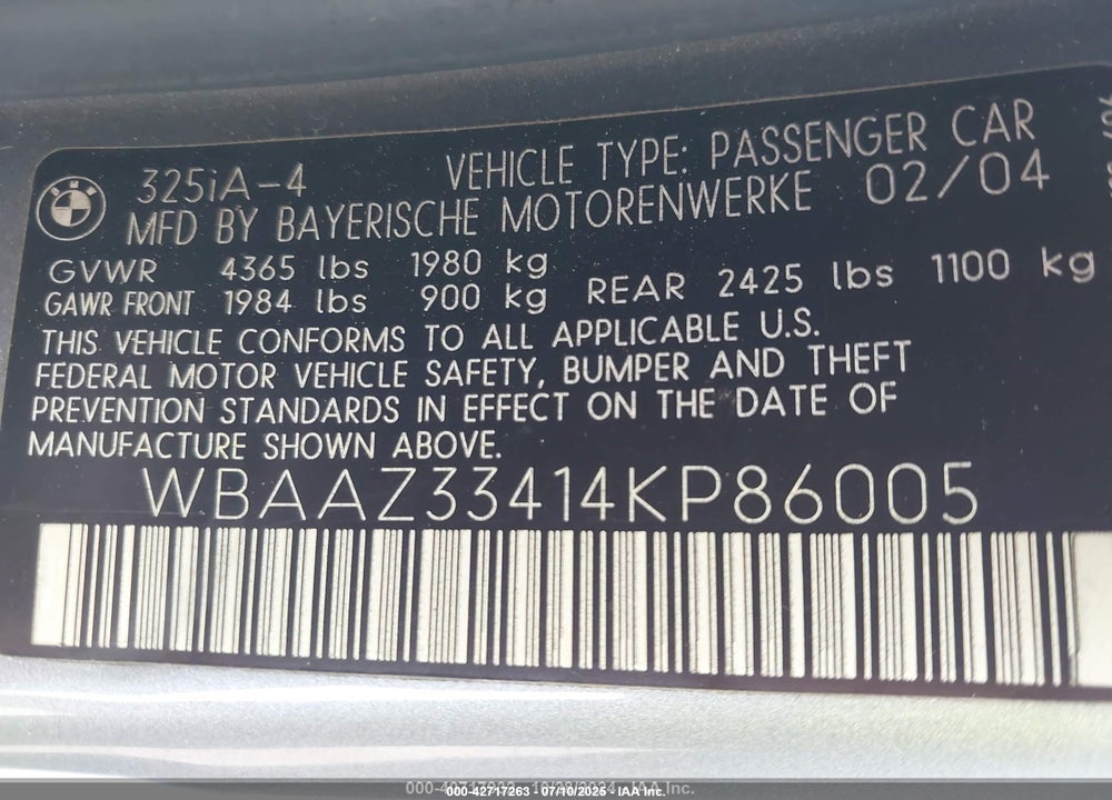 2004 BMW 325I VIN: WBAAZ33414KP86005