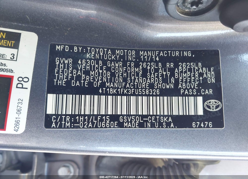 2015 TOYOTA CAMRY VIN: 4T1BK1FK3FU558326
