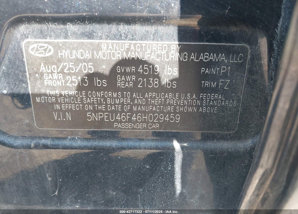 2006 HYUNDAI SONATA VIN: 5NPEU46F46H029459
