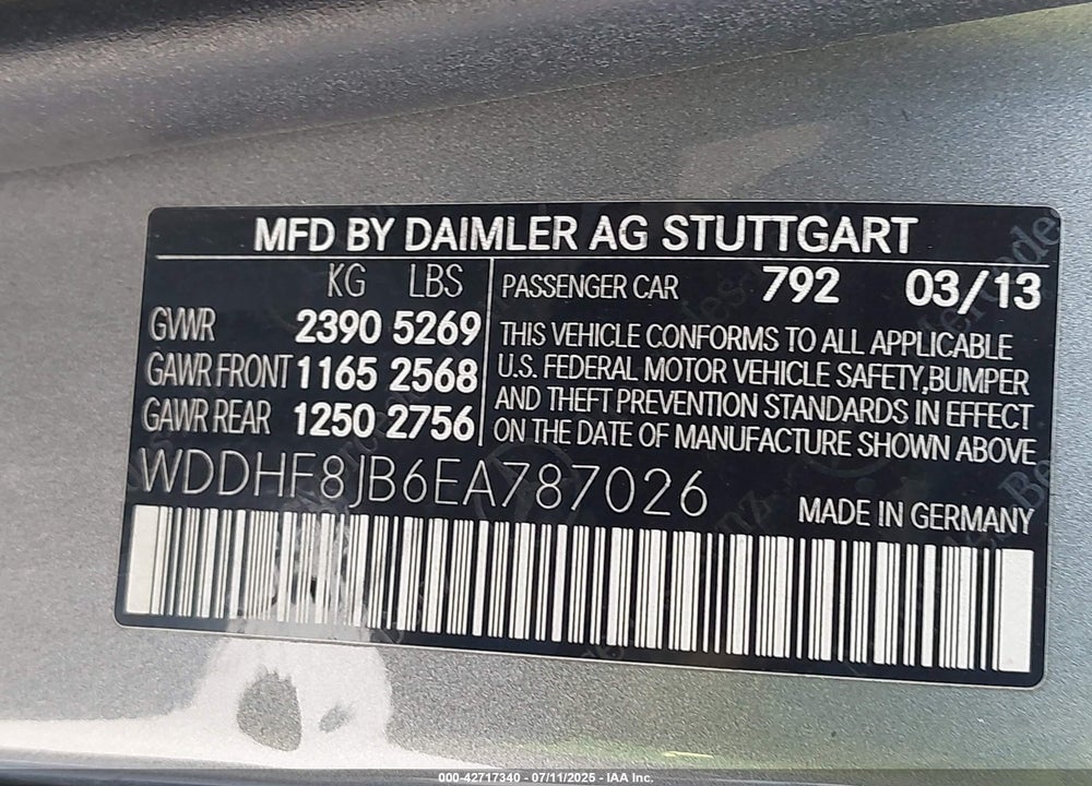 2014 MERCEDES-BENZ E-CLASS VIN: WDDHF8JB6EA787026