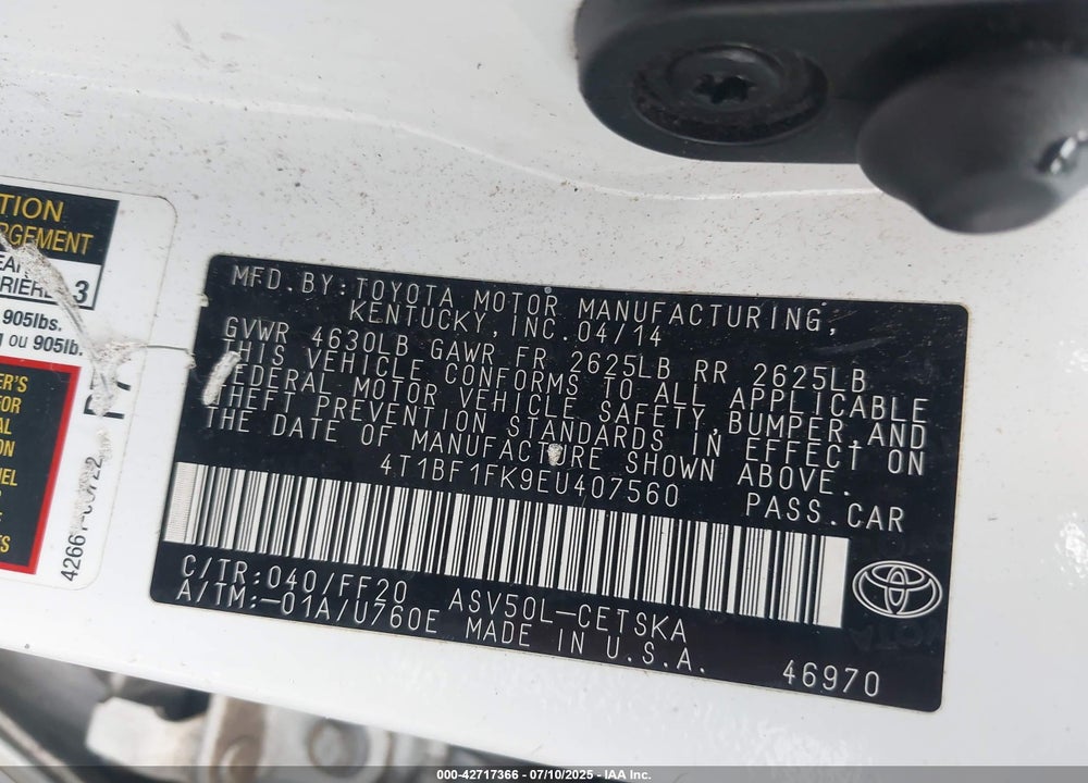 2014 TOYOTA CAMRY VIN: 4T1BF1FK9EU407560