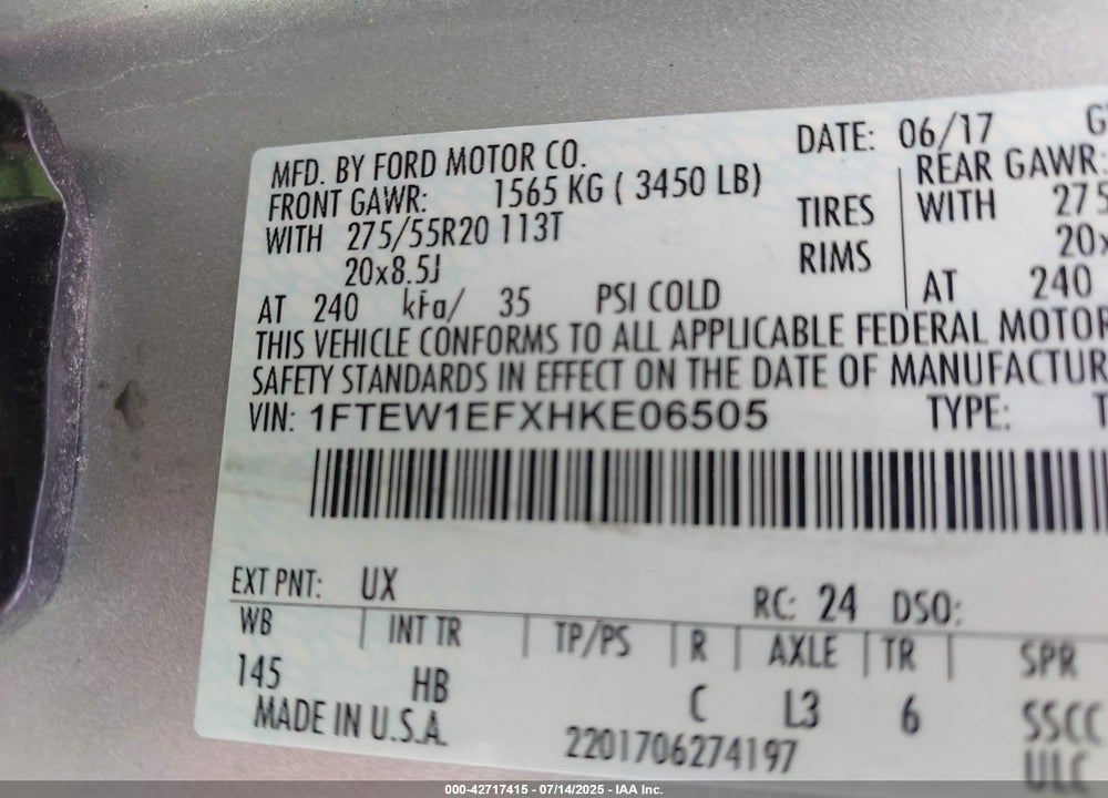 2017 FORD F-150 VIN: 1FTEW1EFXHKE06505