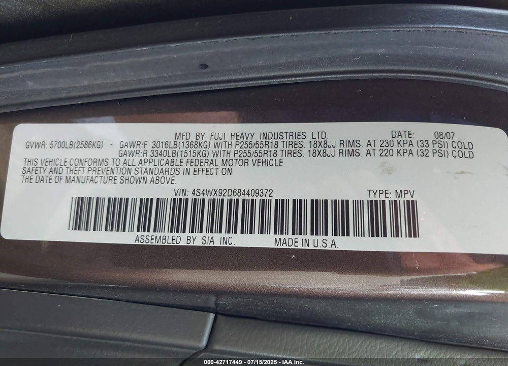 2008 SUBARU TRIBECA LIMITED 5-PASSENGER VIN: 4S4WX92D684409372
